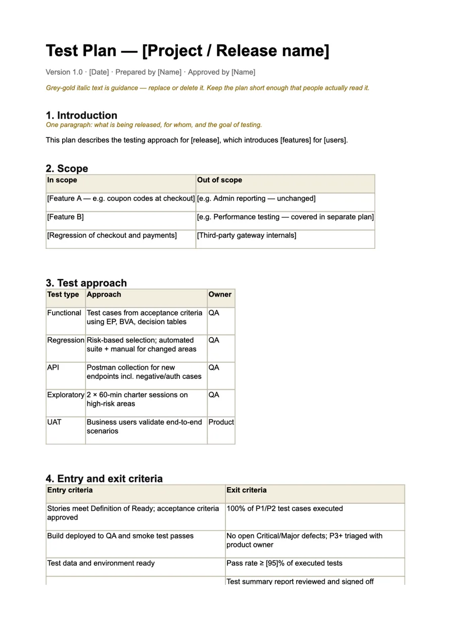 Manual Testing Templates Pack — inside page