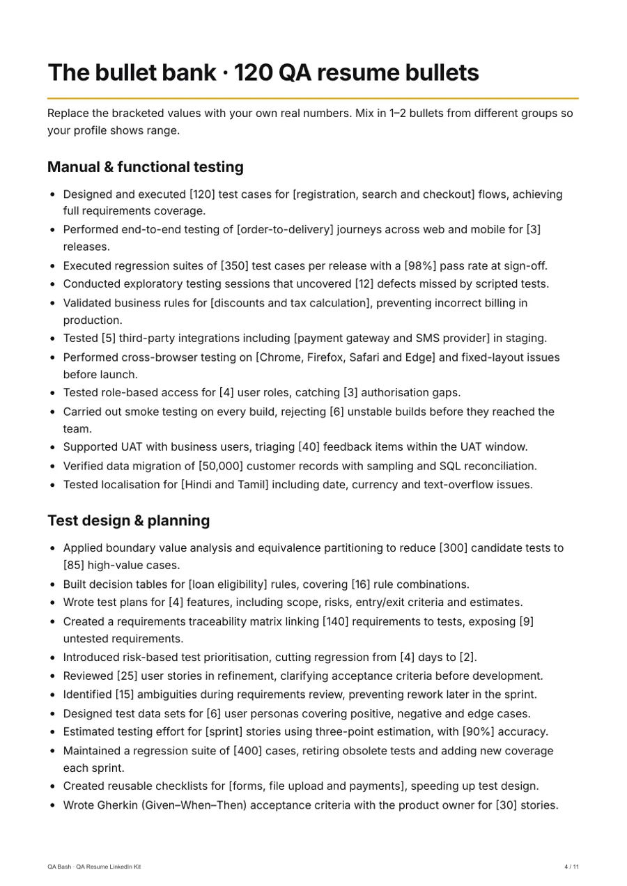 QA Resume & LinkedIn Kit — The 120-bullet bank